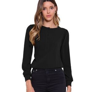 Long Sleeve Ribbed Knit Casual Crew Neck Button Down Tee Shirt Black
